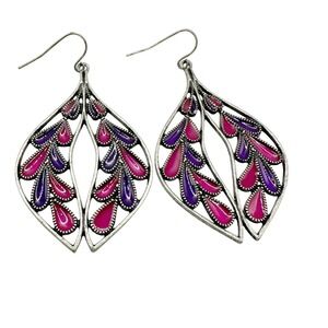 Vintage Pewter Openwork‎ Enamel Leaf Dangle Earrings Purple Pink Teardrop
